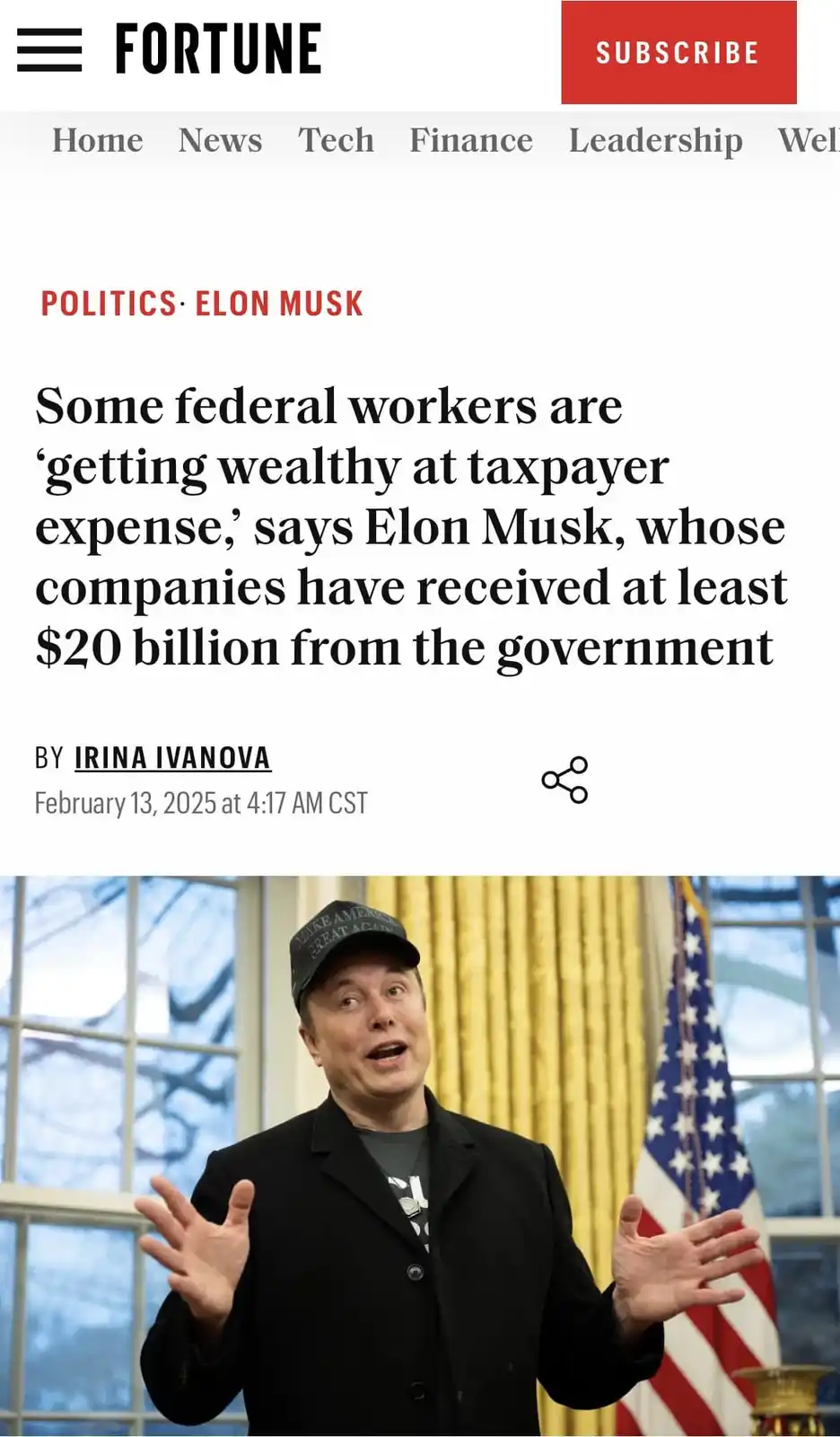 A screenshot of a Fortune magazine article header and headline, featuring a photo of Elon Musk wearing a 'Make America Great…