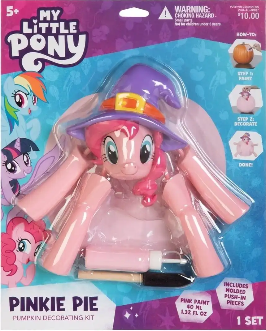 A 'My Little Pony' toy package shows a pink pony named Pinkie Pie wearing a purple witch hat, packaged with pink paint and…