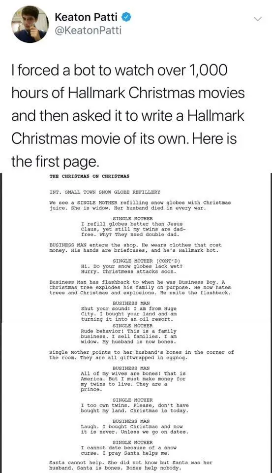 A screenshot of a tweet by Keaton Patti showing a bot-generated script titled 'THE CHRISTMAS ON CHRISTMAS'. The script is a…