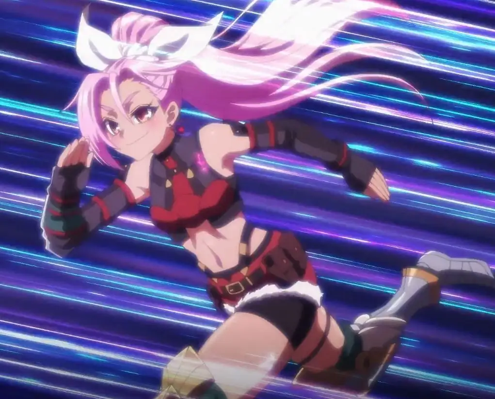 An anime girl with pink hair and a white bow runs forward with a determined expression against a background of blue and…