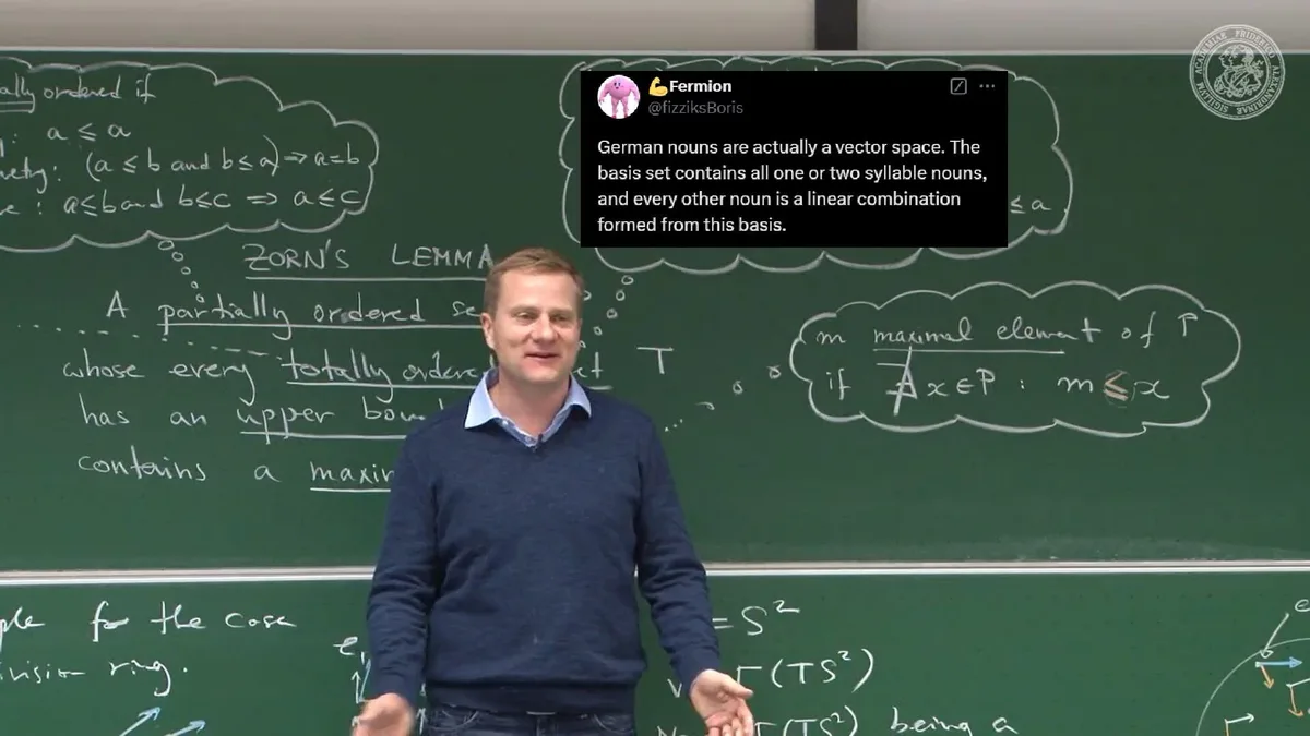 A man stands in front of a chalkboard filled with mathematical notation, including 'ZORN'S LEMMA' and inequalities. A tweet…