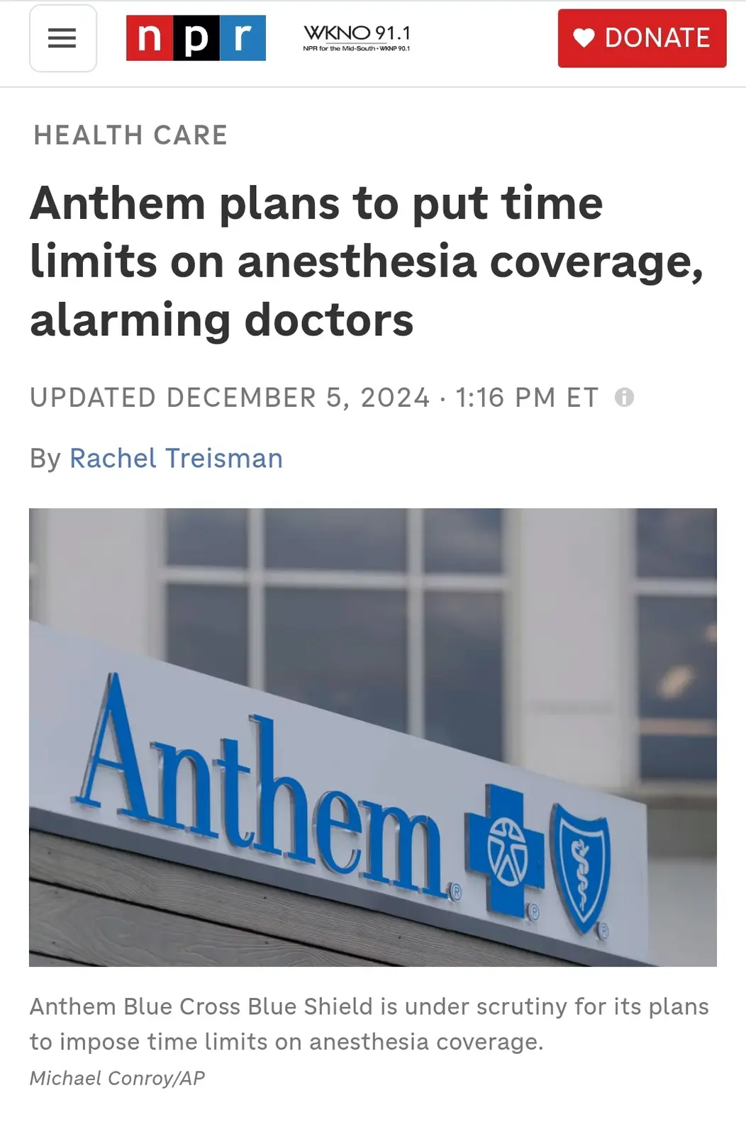 A screenshot of an NPR news article about Anthem Blue Cross Blue Shield's plan to impose time limits on anesthesia coverage…