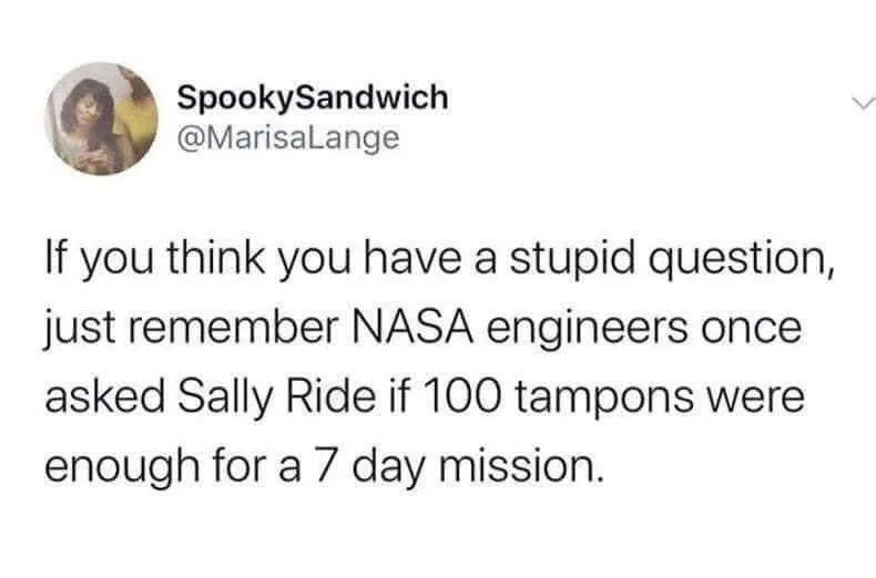 A screenshot of a tweet from user SpookySandwich (@MarisaLange) displays the text: 'If you think you have a stupid question…
