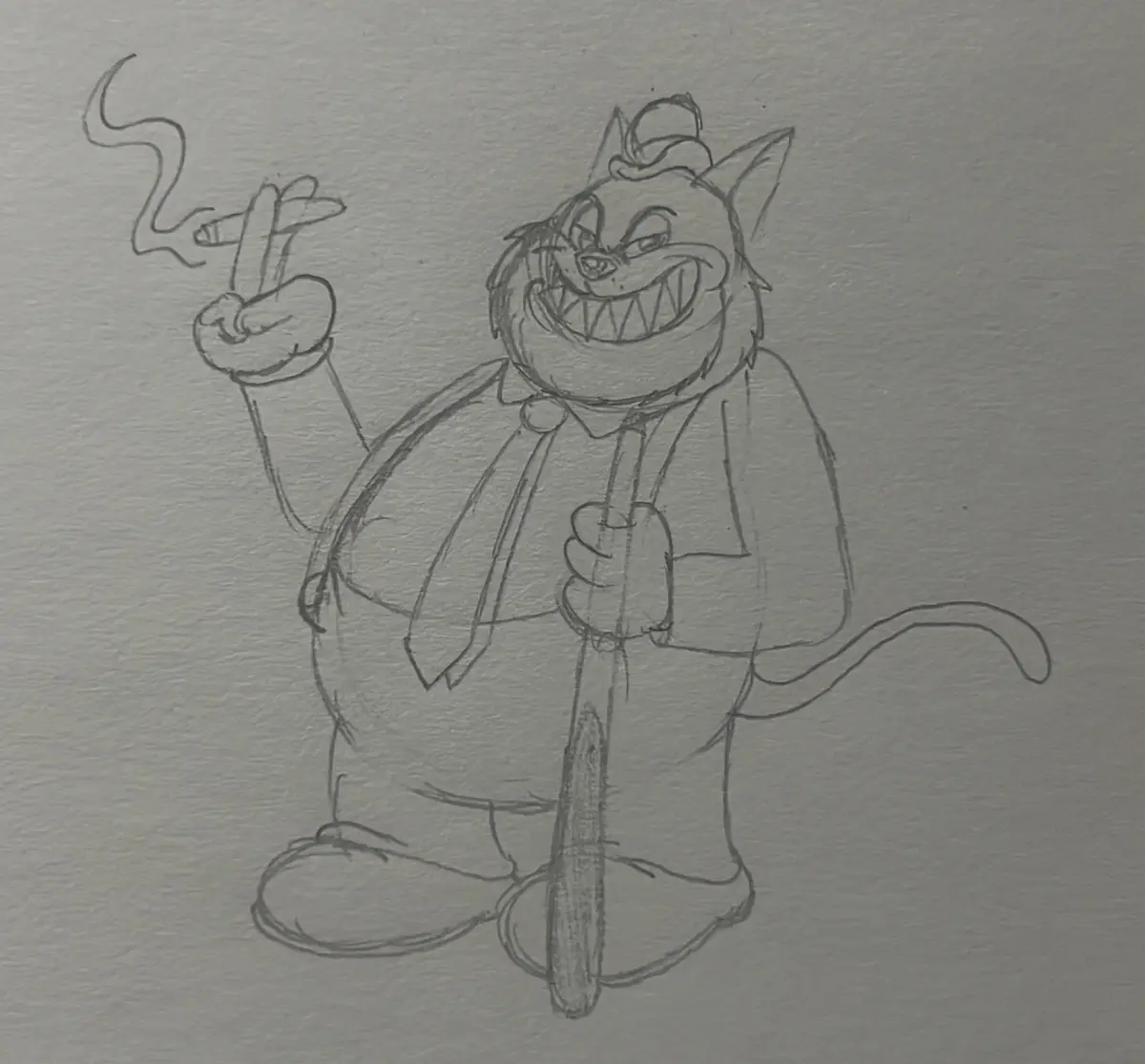 A pencil sketch of a cartoon cat with a sinister grin, wearing a suit and tie, holding a cane in one hand and a lit…