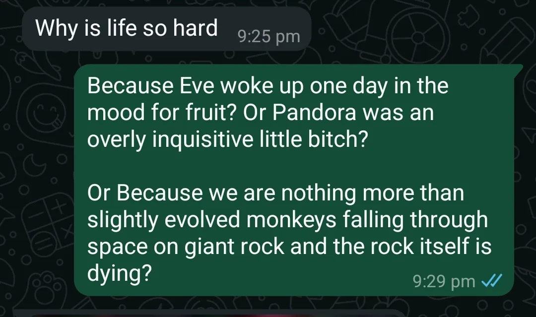 A screenshot of a text conversation shows a user asking 'Why is life so hard' at 9:25 pm. The reply, timestamped 9:29 pm…