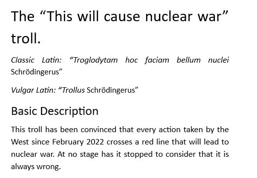 The image displays a text-based meme explaining the 'This will cause nuclear war' troll, featuring a faux-Latin phrase…
