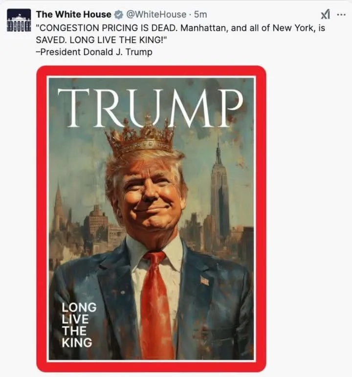An image shows a stylized portrait of Donald Trump wearing a crown, set against a New York City skyline with the Empire…