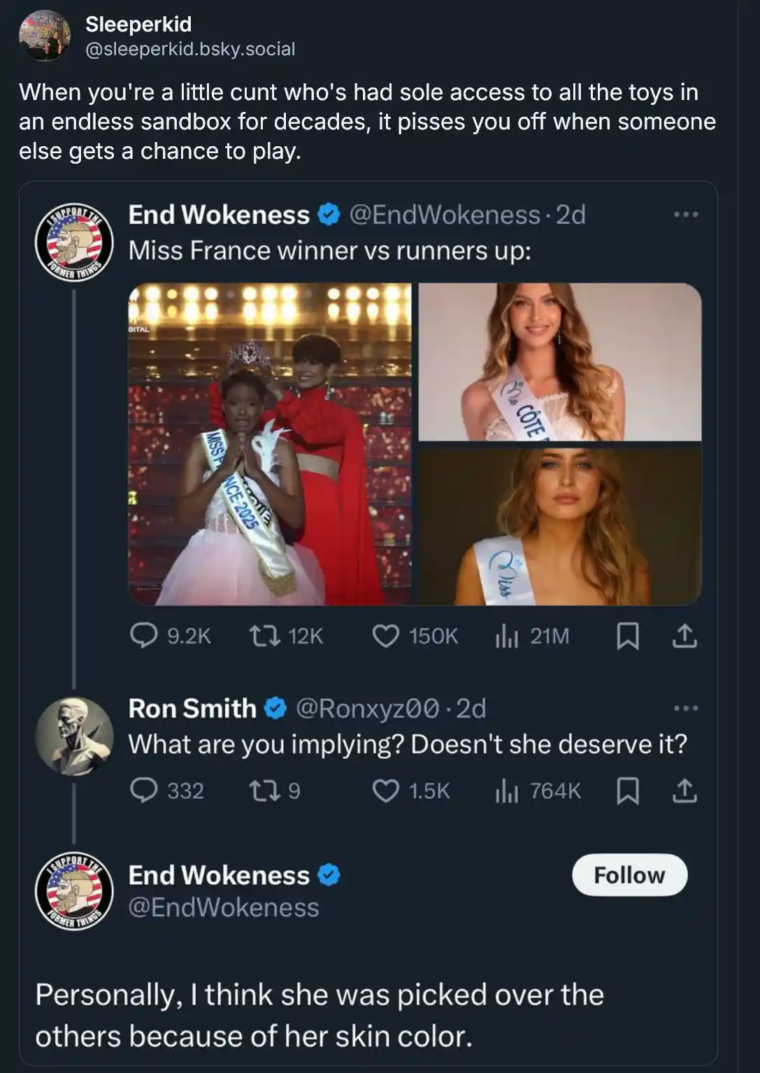 A screenshot of a social media thread shows a tweet from 'End Wokeness' comparing the 2023 Miss France winner, a Black…