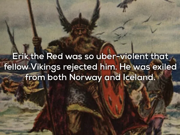 A historical painting depicts a Viking warrior, identified as Erik the Red, standing prominently in a boat on the sea…