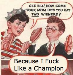A vintage-style cartoon shows a boy in a crown holding a hot dog, asking another boy in a suit and glasses holding a hot dog…