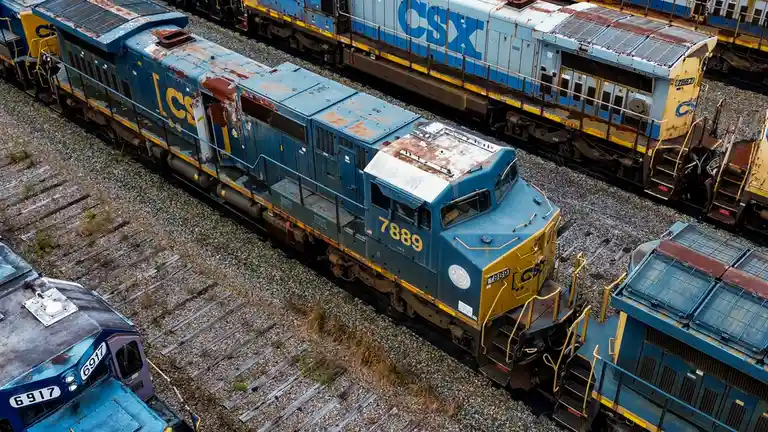 An overhead view of several rusty, abandoned CSX freight locomotives sitting idle on gravel-covered railroad tracks in a…