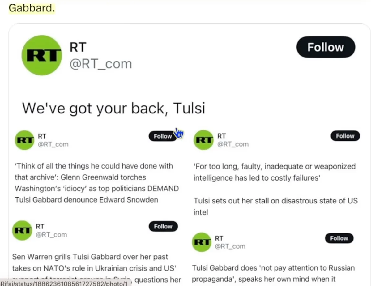 A screenshot of a Twitter profile for RT (@RT_com) with the headline 'We've got your back, Tulsi' overlaid. Below are…