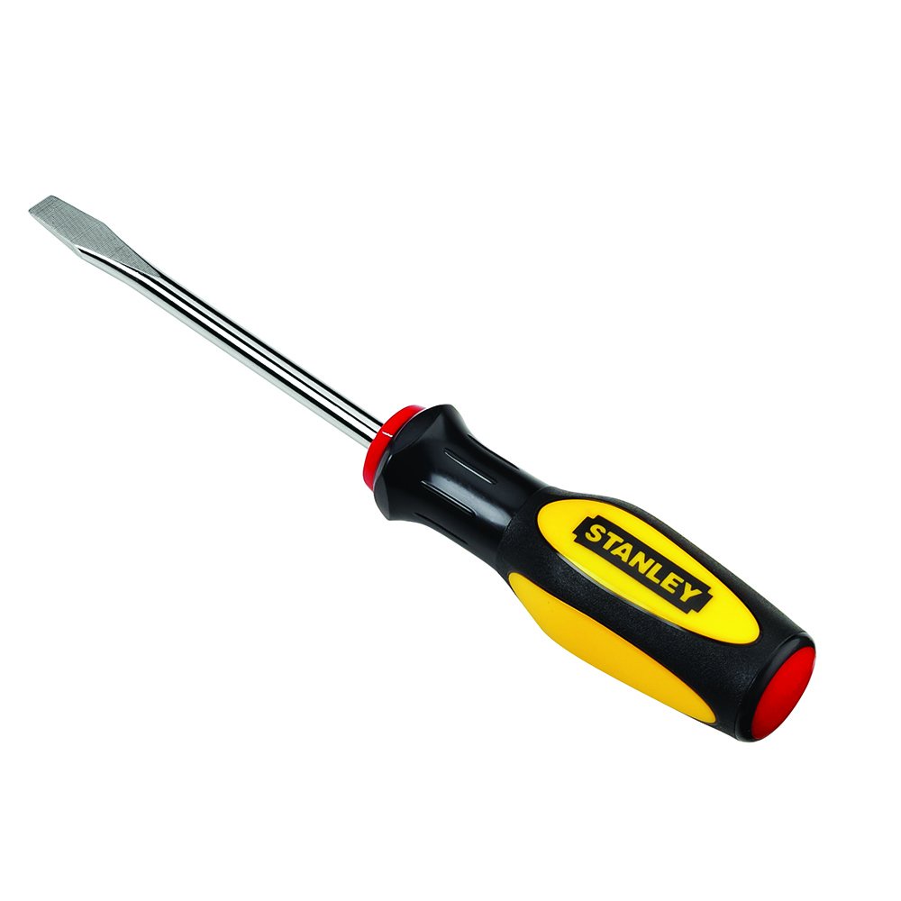 A Stanley brand flathead screwdriver with a black and yellow handle and red accents, shown diagonally against a plain white…