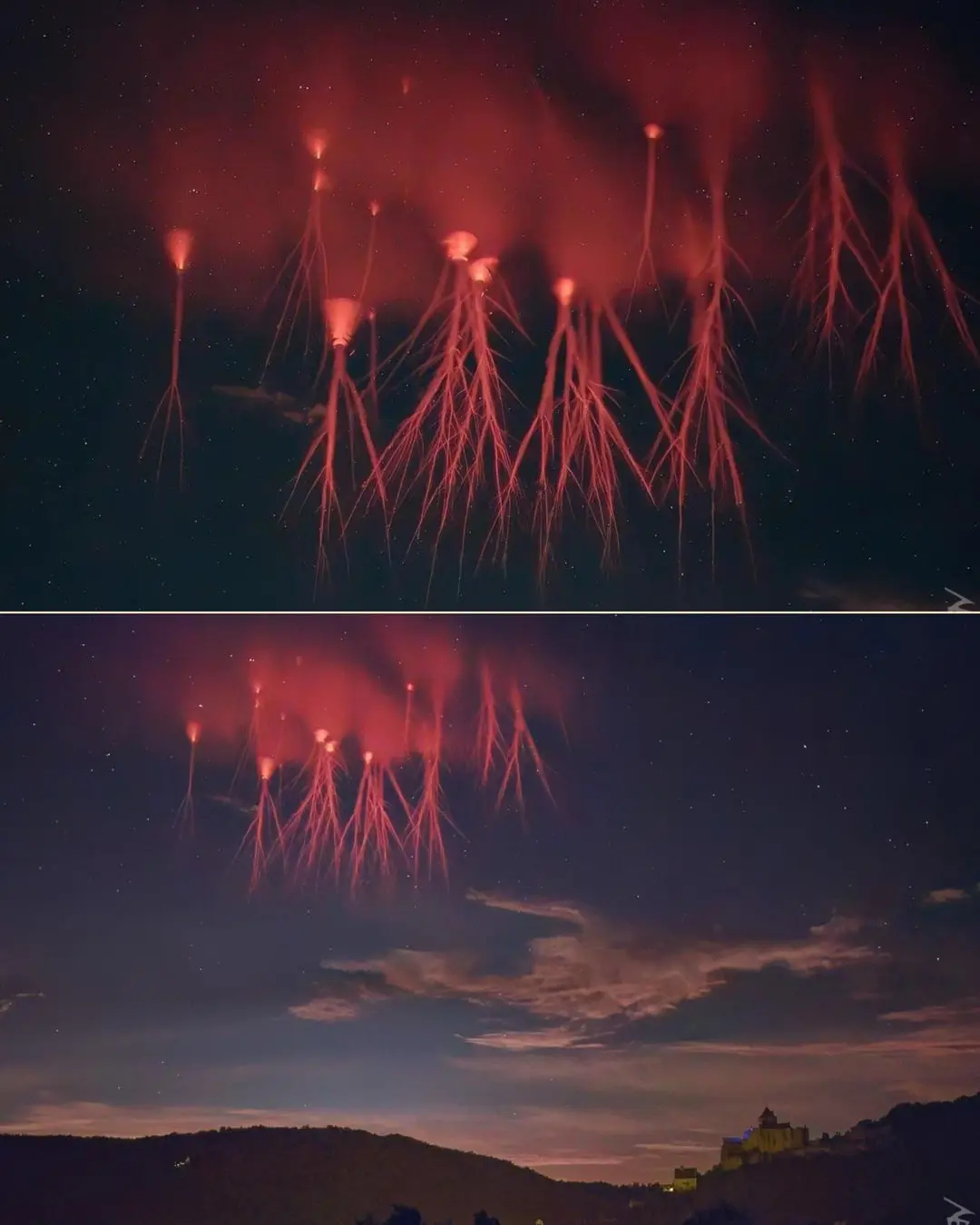 Two images show glowing red, jellyfish-like formations with long tentacles suspended in a starry night sky. The top image…