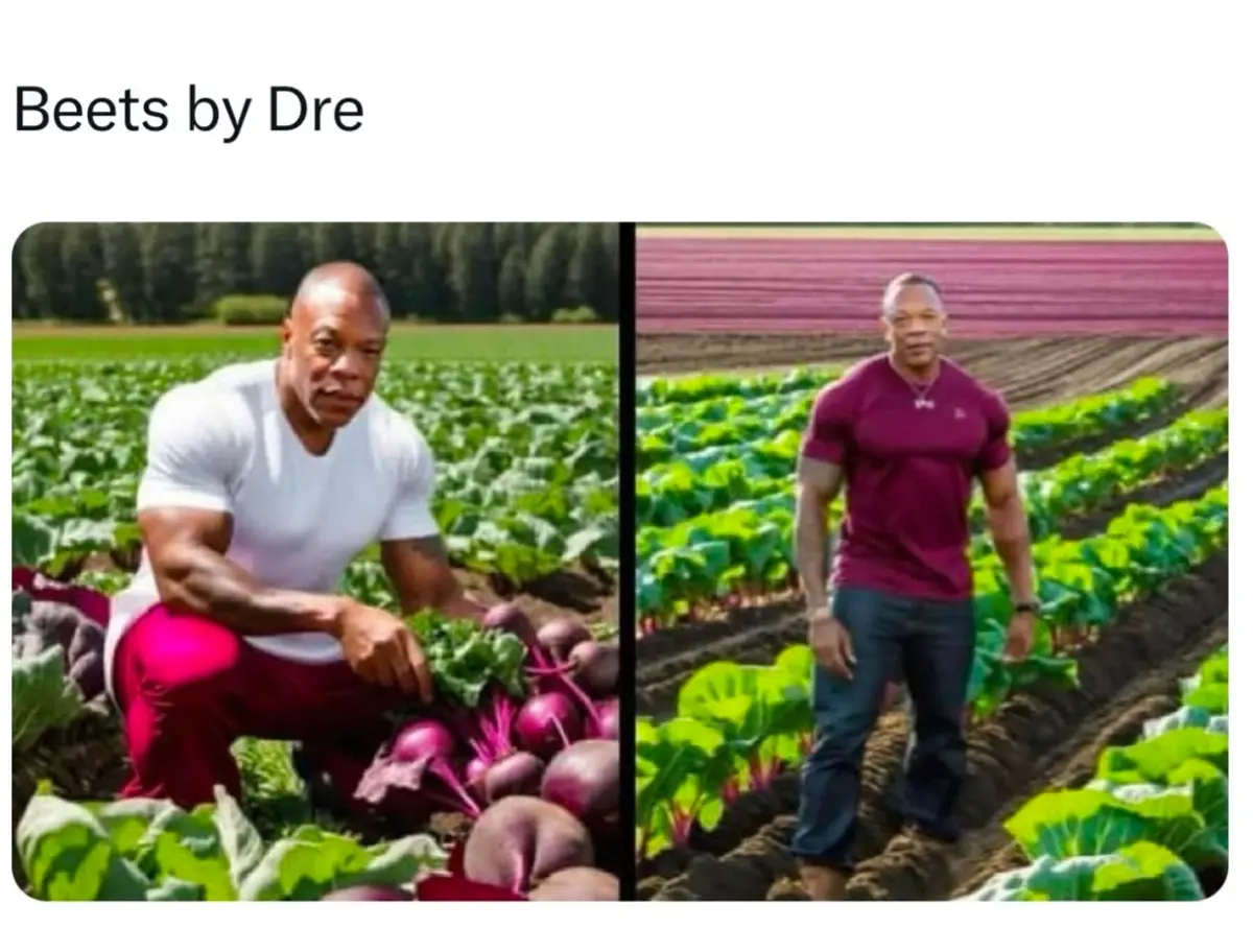 The image shows two side-by-side photos of the rapper Dr. Dre in a field of beets. In the left panel, he is crouching among…