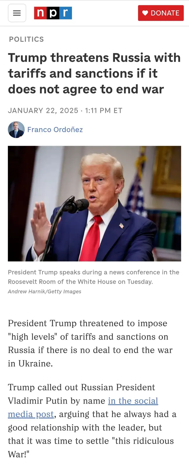 An NPR news article screenshot shows a photo of Donald Trump speaking at a podium. The headline reads 'Trump threatens…
