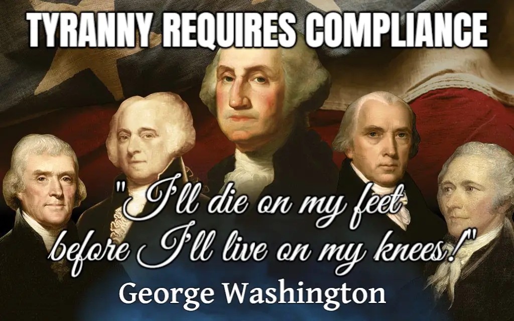 The image features five portraits of U.S. Founding Fathers, including George Washington, set against a backdrop of an…
