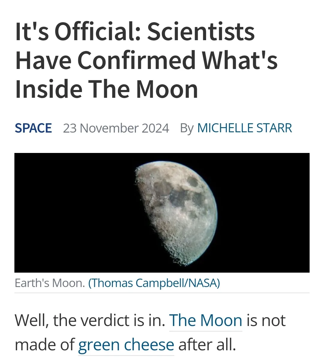 A mock news article header reads 'It's Official: Scientists Have Confirmed What's Inside The Moon,' dated 23 November 2024…