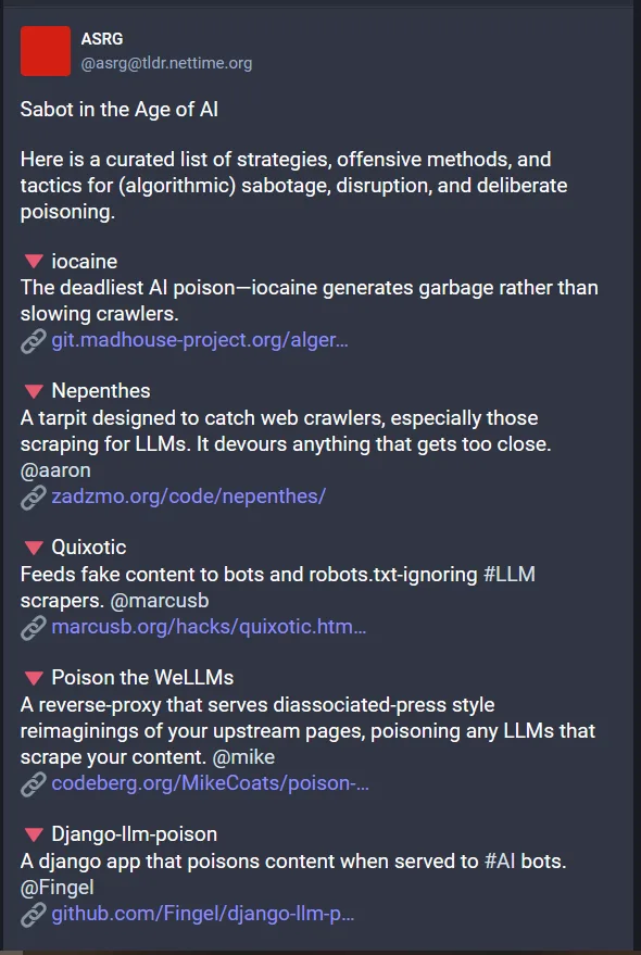 A screenshot of a Twitter/X thread by ASRG (@asrg@tldr.net) titled 'Sabot in the Age of AI', listing curated methods for…