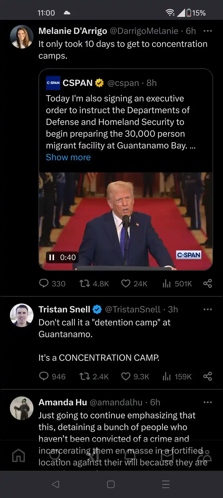 A screenshot of a Twitter thread shows a C-SPAN tweet with a video of Donald Trump speaking at a podium on a red carpet…
