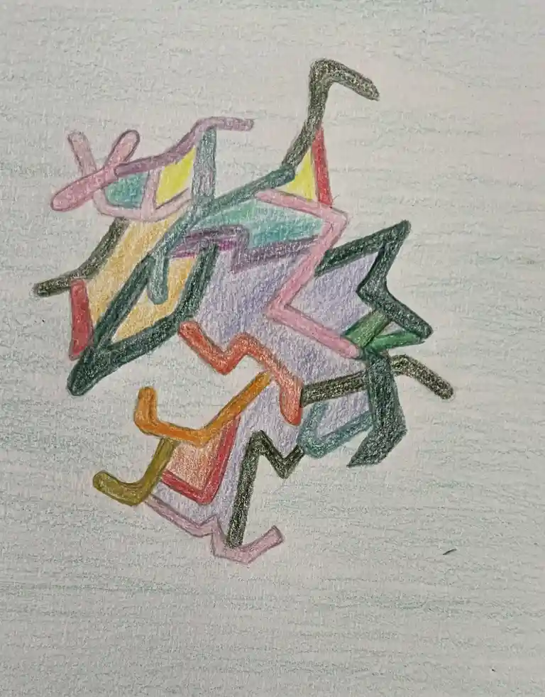 A colorful, abstract crayon drawing on textured white paper shows overlapping, jagged, multi-colored shapes resembling…