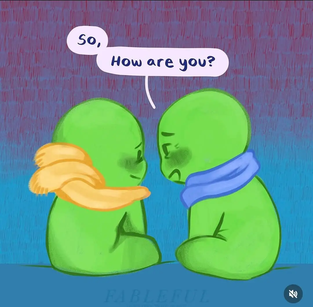 Two green, featureless cartoon figures sit facing each other, one wearing a yellow scarf and smiling, the other wearing a…