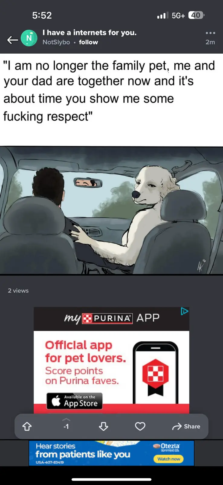 An illustrated meme shows a white dog sitting in the passenger seat of a car, looking sternly at the driver. The dog has…