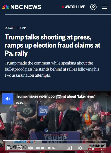 A screenshot of an MSNBC news broadcast shows Donald Trump speaking at a rally behind bulletproof glass, with the headline…