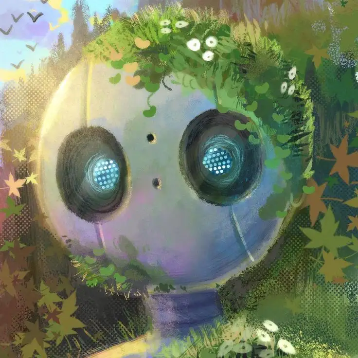 A stylized, round-faced robot with large, glowing blue eyes and a small nose, partially covered in green vines, leaves, and…