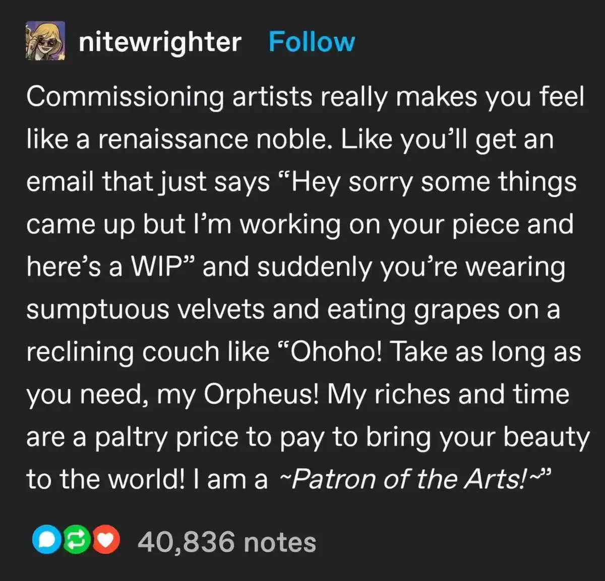 The image displays a screenshot of a Tumblr post by user 'nitewrighter' with a black background and white text. The text…
