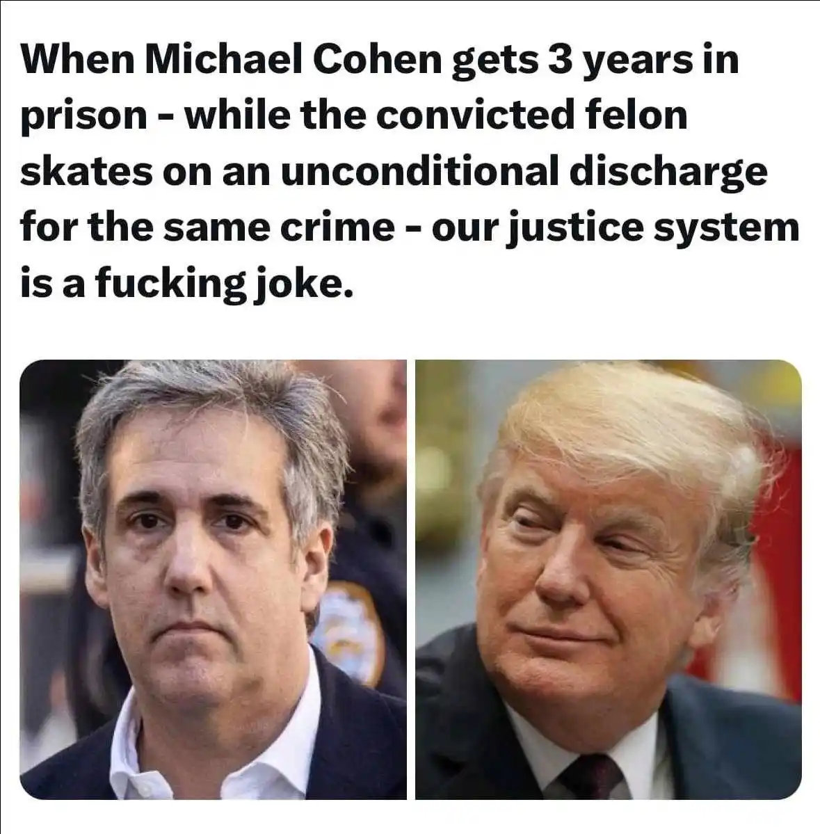 The image displays two side-by-side photos: on the left, Michael Cohen with a serious expression, and on the right, Donald…