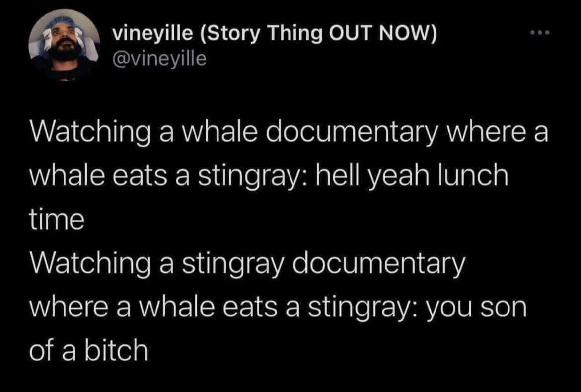 A screenshot of a tweet by 'vineyille' showing two contrasting reactions to a whale eating a stingray. The first reaction…