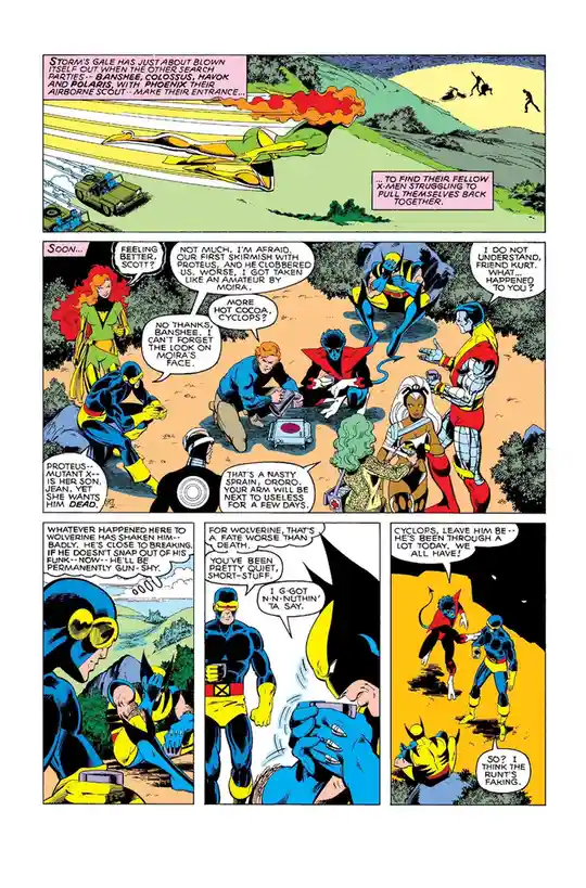 A comic book page from X-Men showing the team recovering from battle, with Cyclops and Wolverine interacting. Wolverine is…