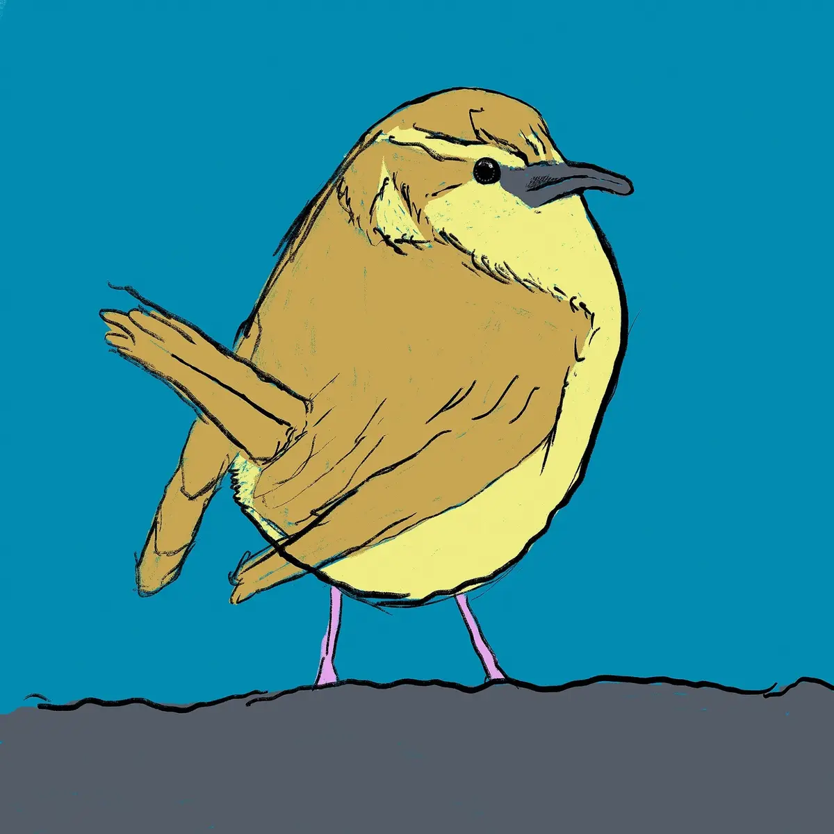 A cartoon illustration of a small, tan and yellow bird with pink legs standing on a gray ground line against a solid blue…