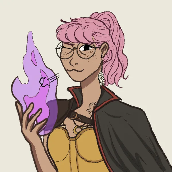 A cartoon woman with pink hair in a ponytail, wearing glasses and a dark cape over a yellow top, gently holds a purple…