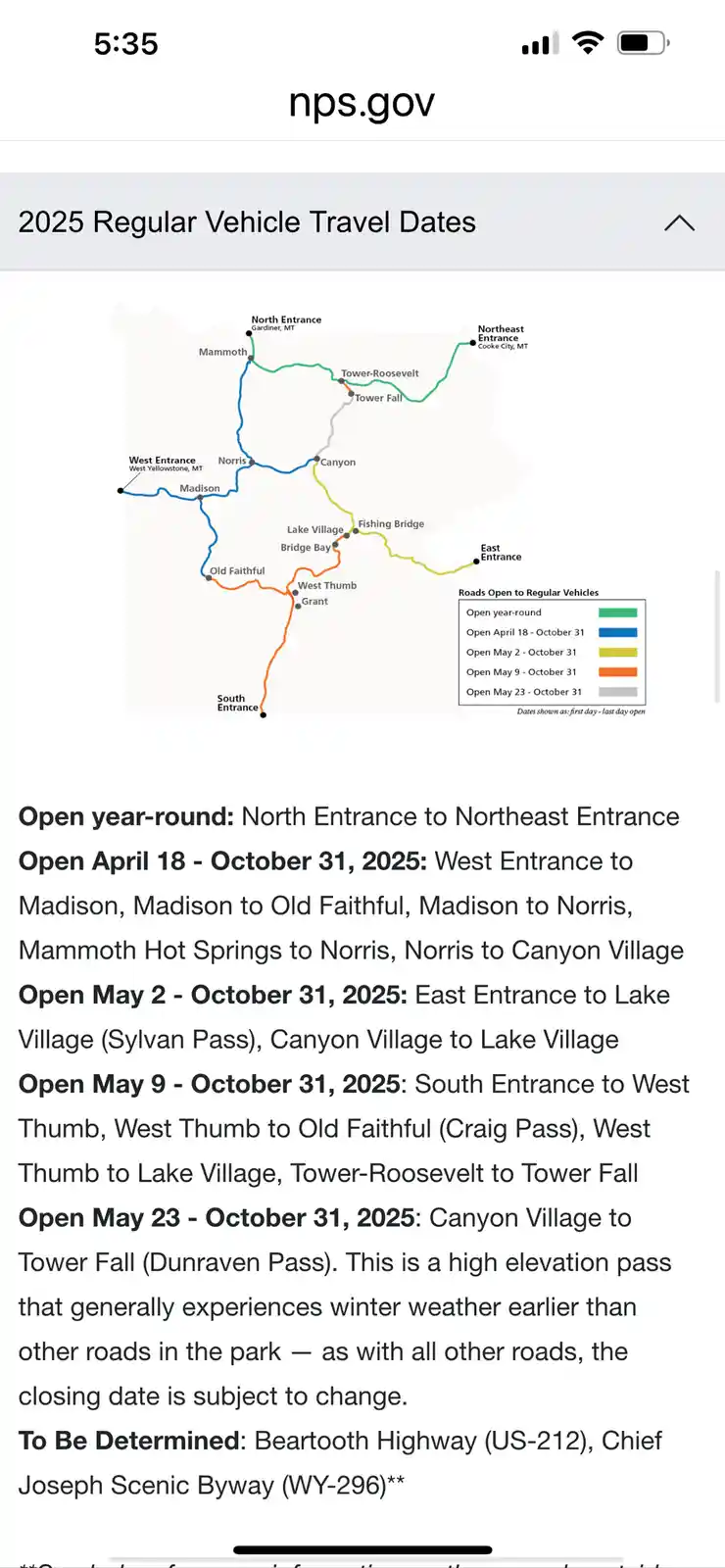 A screenshot of the nps.gov website showing a map and text detailing vehicle travel dates for Yellowstone National Park in…