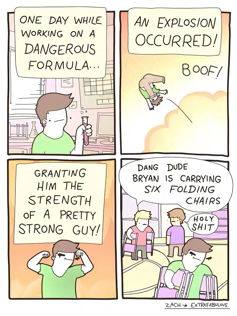 A four-panel comic shows a man in a lab holding a test tube, then being launched into the air by an explosion labeled…