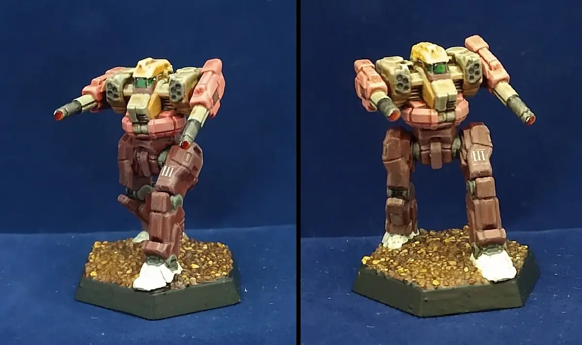 The image displays two side-by-side photos of the same painted robot miniature, showing a humorous contrast: the left image…