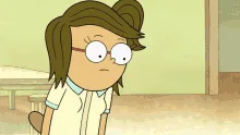 A six-panel animation shows a girl with glasses and brown hair looking at a black computer monitor. In the first frame, she…