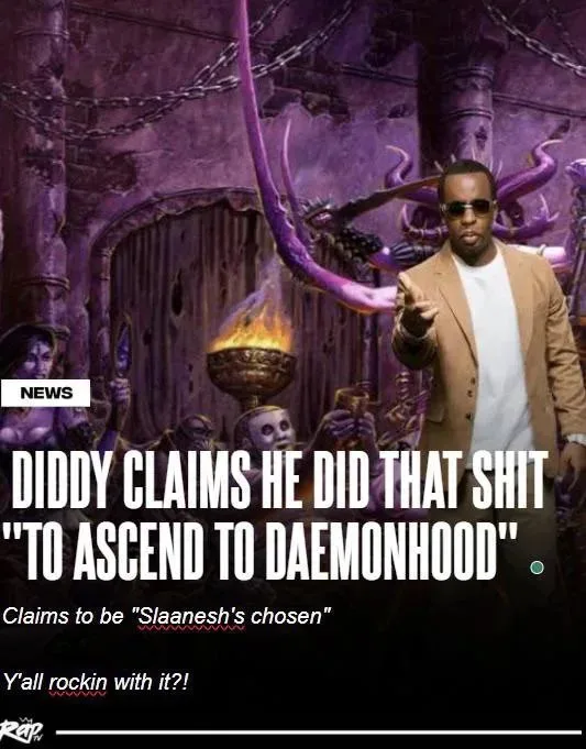 A digitally altered image features rapper Diddy standing confidently in a dark, purple-hued demonic setting with chains, a…