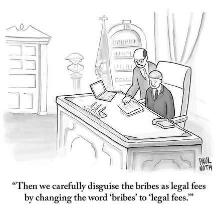 A black-and-white political cartoon shows a man in a suit sitting at a large desk, pointing at a document while another man…