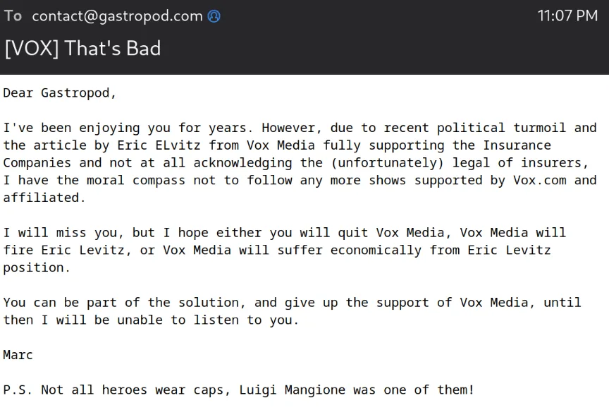 An email screenshot with a dark header showing 'To: contact@gastropod.com' and timestamp '11:07 PM'. The subject line reads…
