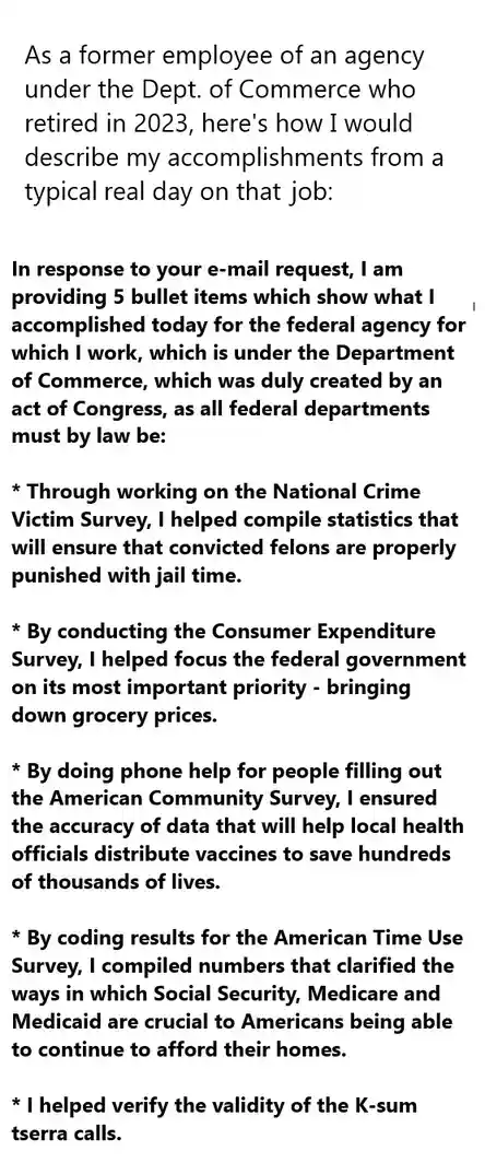 A black-and-white text-based image mimicking a formal government report, listing five bullet points of 'accomplishments'…