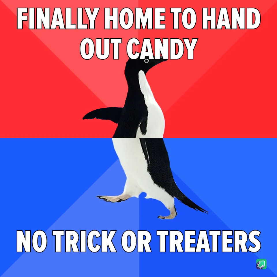 A black-and-white penguin stands centered against a red-and-blue background, split horizontally. The top text reads 'FINALLY…