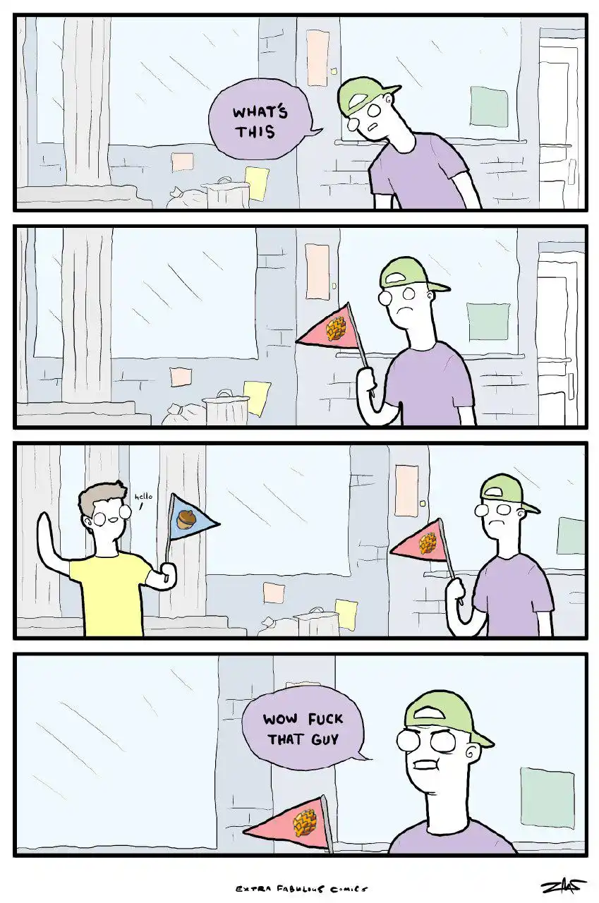 A four-panel comic shows a man in a purple shirt and green cap holding a small pink flag with a peanut butter and jelly…