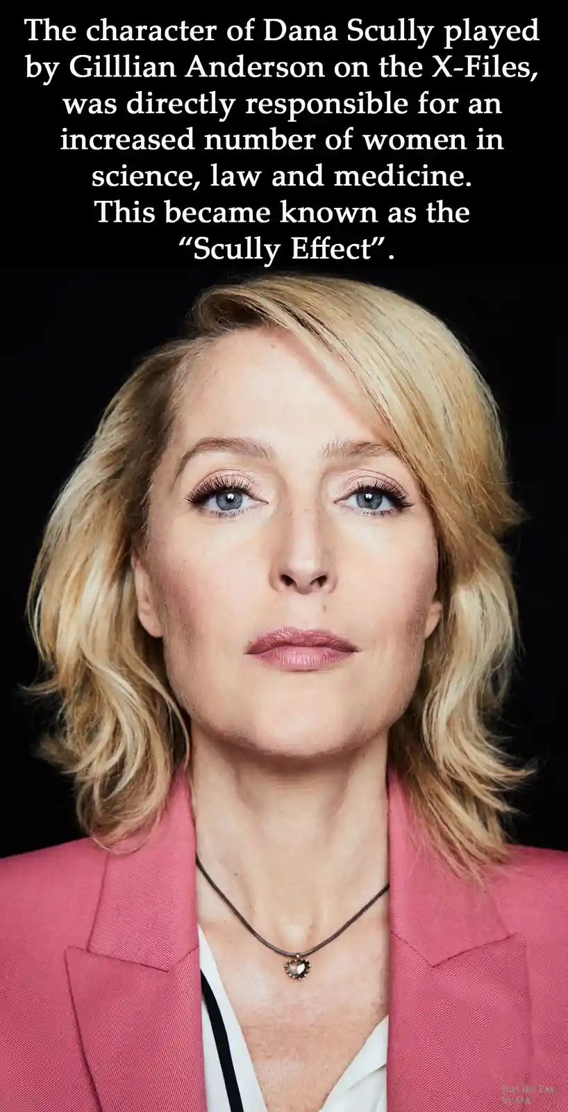 A portrait of actress Gillian Anderson with blonde hair and blue eyes, wearing a pink blazer and a heart-shaped pendant…