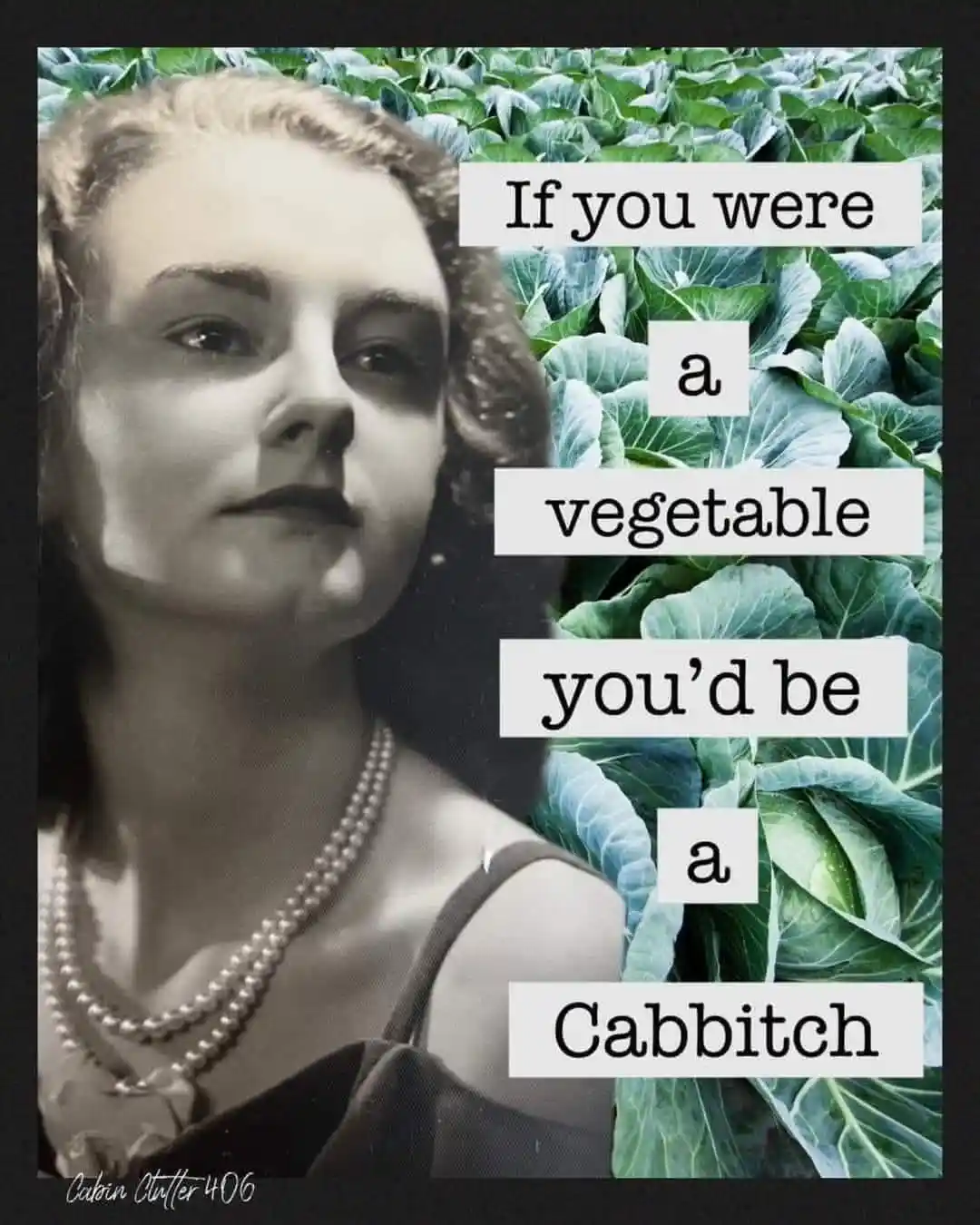 A vintage black-and-white portrait of a woman with pearl necklaces and styled hair is juxtaposed with a vibrant green…
