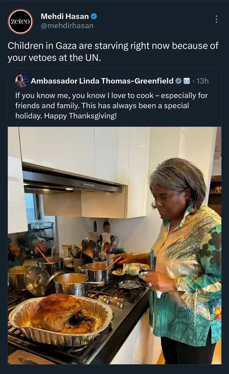 A screenshot of a Twitter thread shows a tweet from Mehdi Hasan accusing Ambassador Linda Thomas-Greenfield of causing…