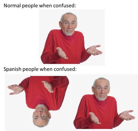 The image displays a man in a red turtleneck shirt with a confused expression and open palms in two panels. The top panel…