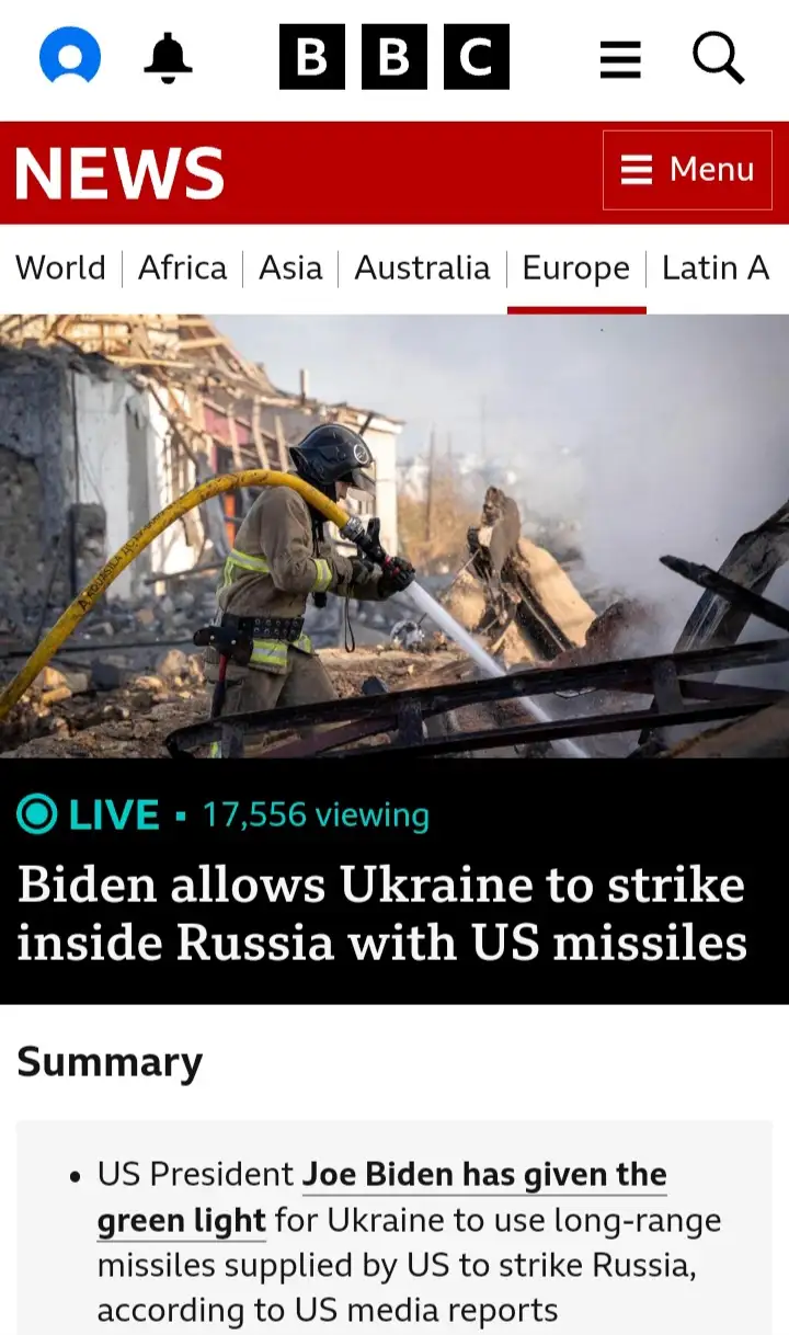 A BBC News screenshot shows a firefighter spraying water on rubble, overlaid with a headline about Biden allowing Ukraine to…